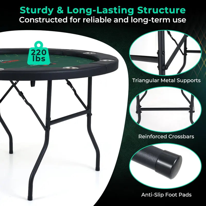 Round 48-Inch Texas Hold'em Casino Table for Leisure Play – 8-Player Setup, Metal Frame