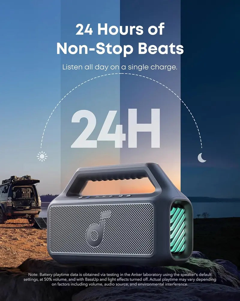 Portable IPX7 Waterproof Outdoor Speaker – 80W Output, BassUp 2.0, 24-Hour Battery, RGB Lighting, Bluetooth 5.3 & Custom EQ for Camping, Beach or Backyard