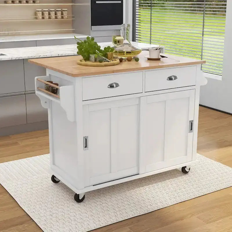 Rubberwood Kitchen Island Cart – Drop-Leaf Countertop, Concealed Barn Door Storage, and 4 Locking Casters