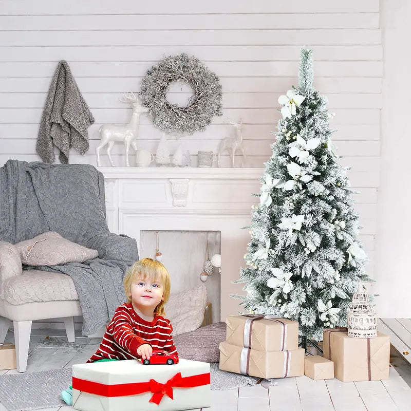 Slim Snow-Flocked Pencil Christmas Tree with White Berries – Hinged Artificial Xmas Tree