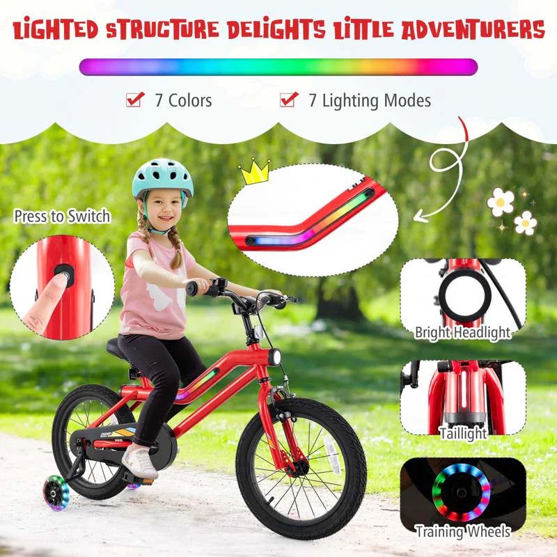 16/18 Inch LED Lighted Kids Bike with Training Wheels, Headlight, Adjustable Seat & Dual Brakes, Children Bicycle for Ages 4-8 Years