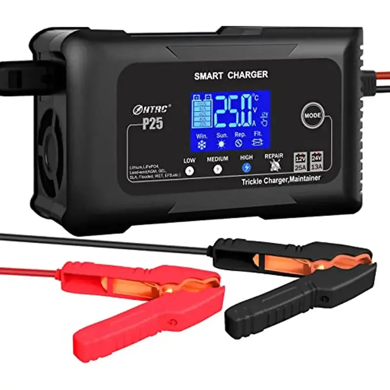 Smart 25A Dual-Voltage Battery Charger — Supports LiFePO4, Lithium, AGM, Gel, and SLA Batteries