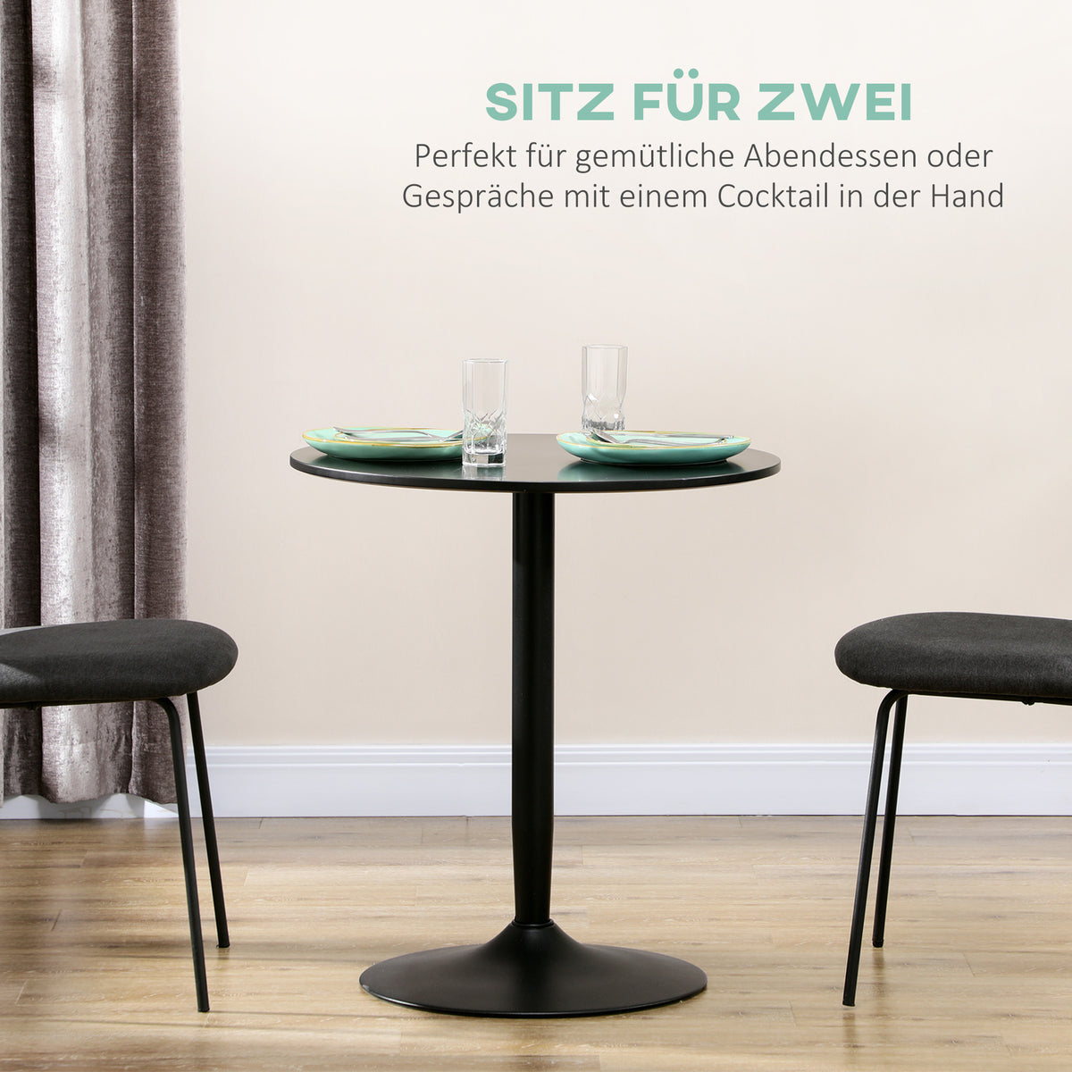 HOMCOM Esstisch für 2 Personen, runde Tischplatte, Stahlfuß, schwarz, 70 x 70 x 75 cm