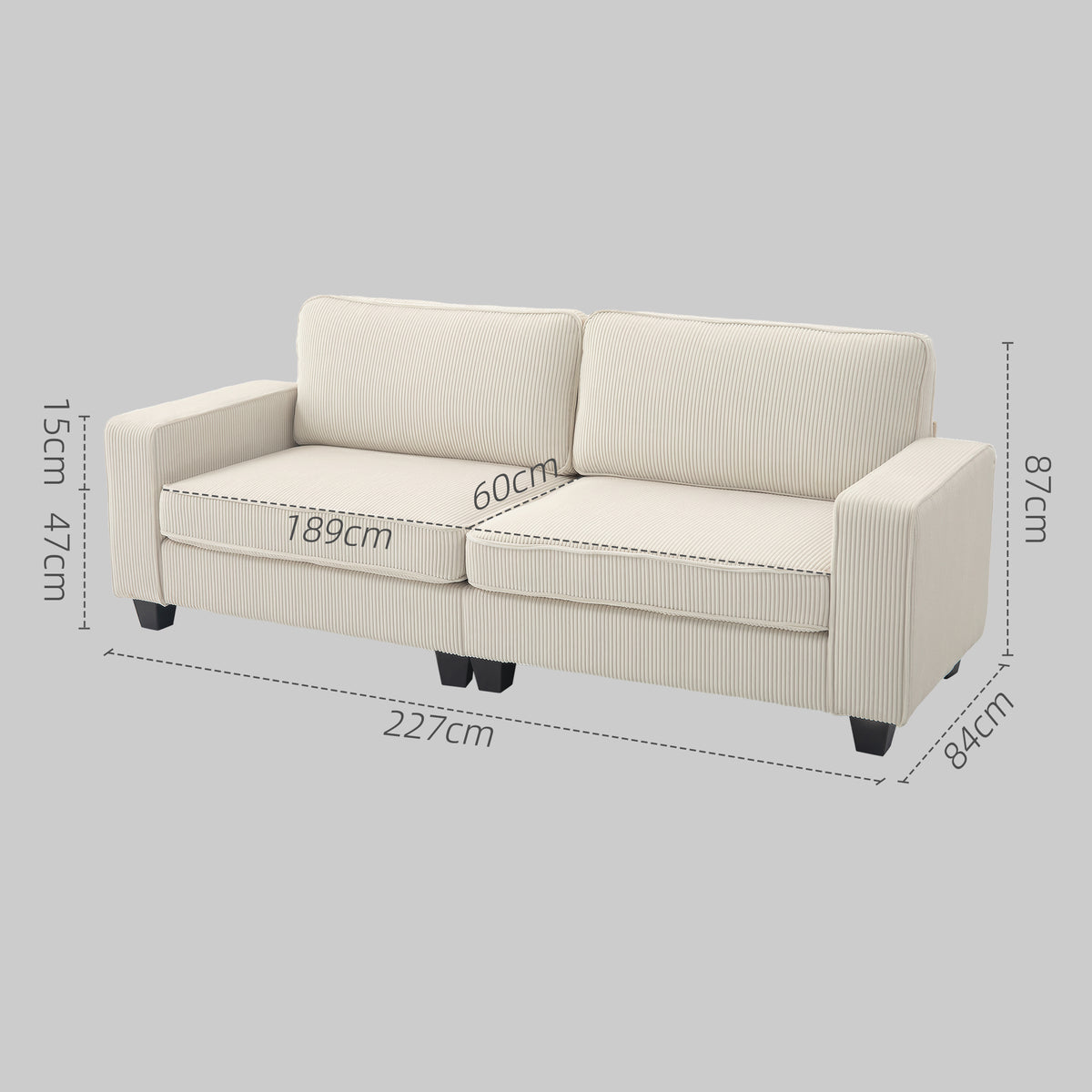 HOMCOM 3-Sitzer Sofa mit Cordbezug, Wohnzimmersofa mit Federkern, bis 400 kg, 227 x 84 x 87 cm, Cremeweiß