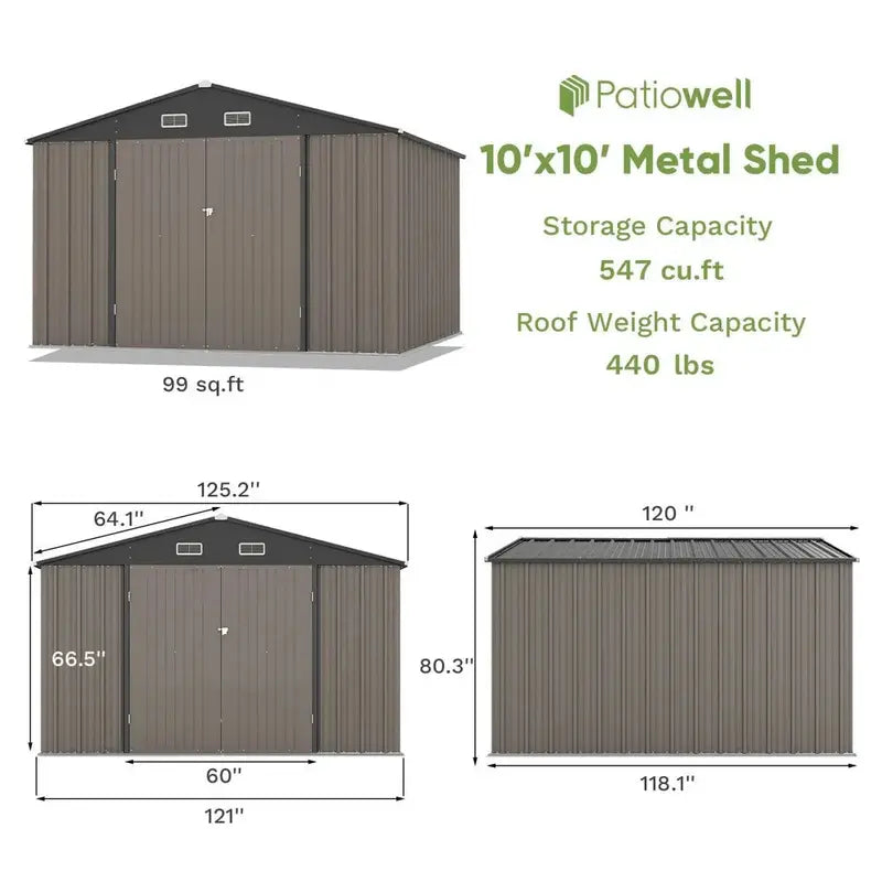 Patiowell 10′ x 10′ Heavy-Duty Metal Storage Shed – Sloped Roof Design with Dual Lockable Doors