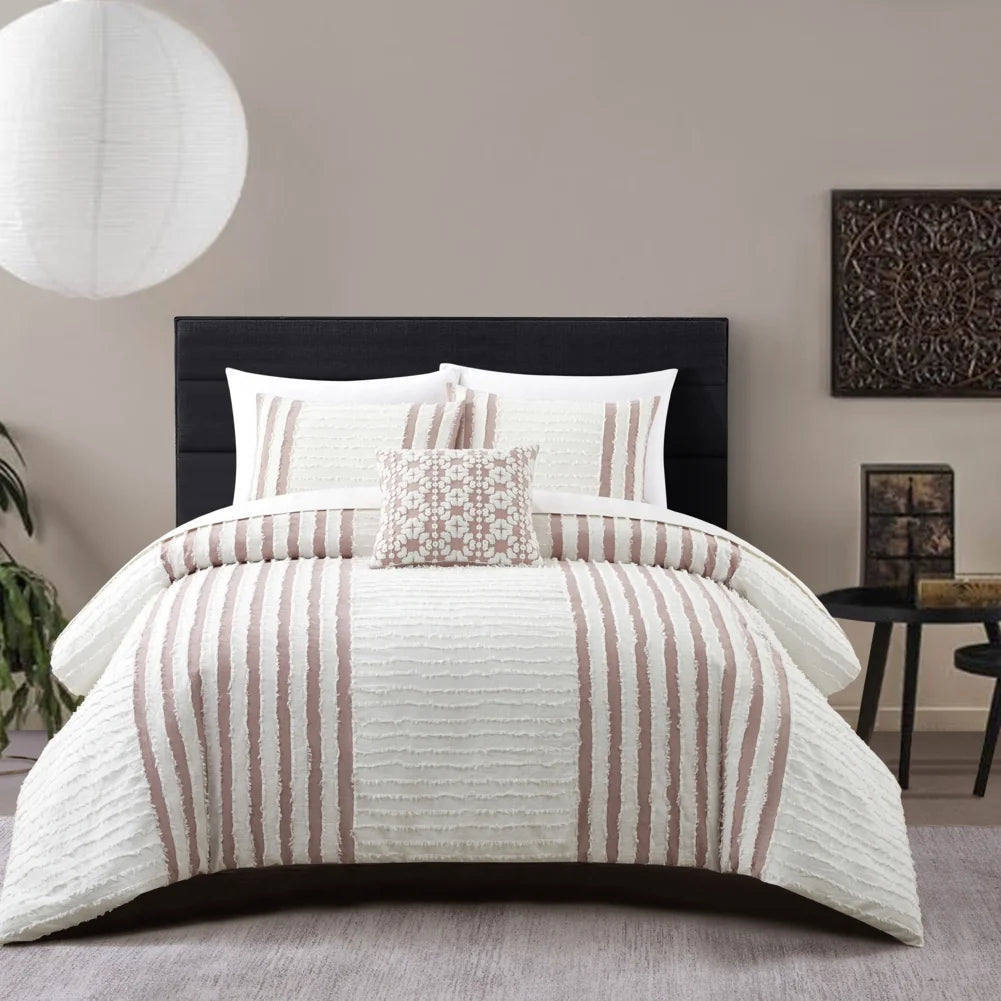 Serena 4 Piece Cotton Comforter Set Clip Jacquard Striped