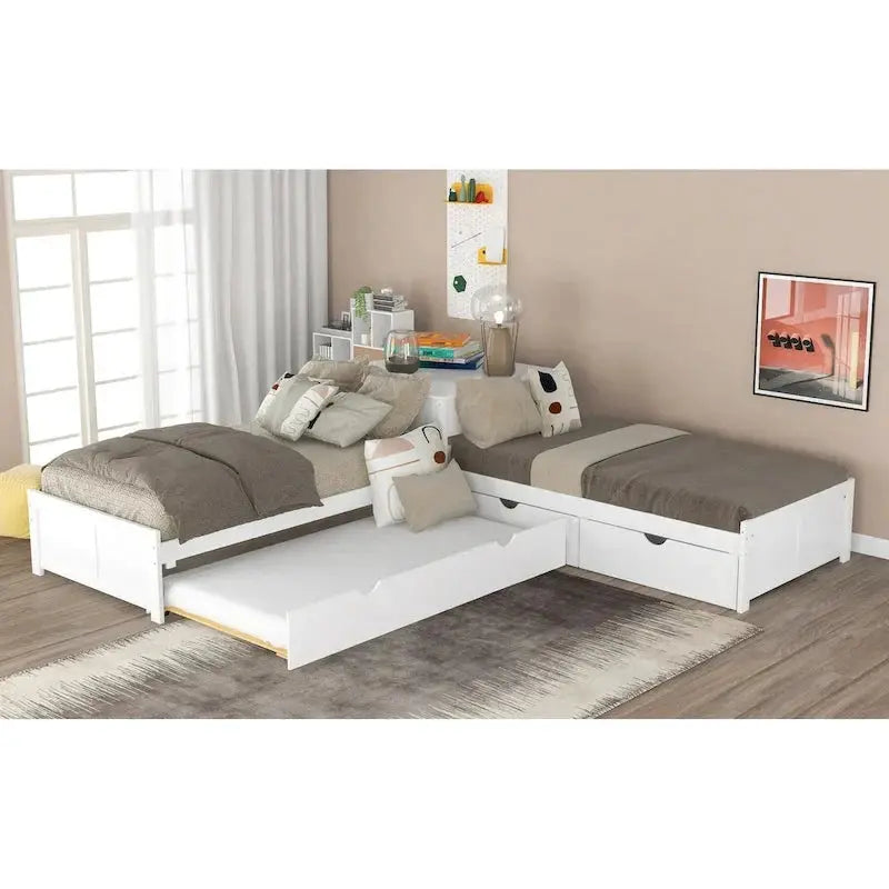Modern Twin L-Shaped Platform Bed – Includes Trundle, Drawers & Space-Saving Design