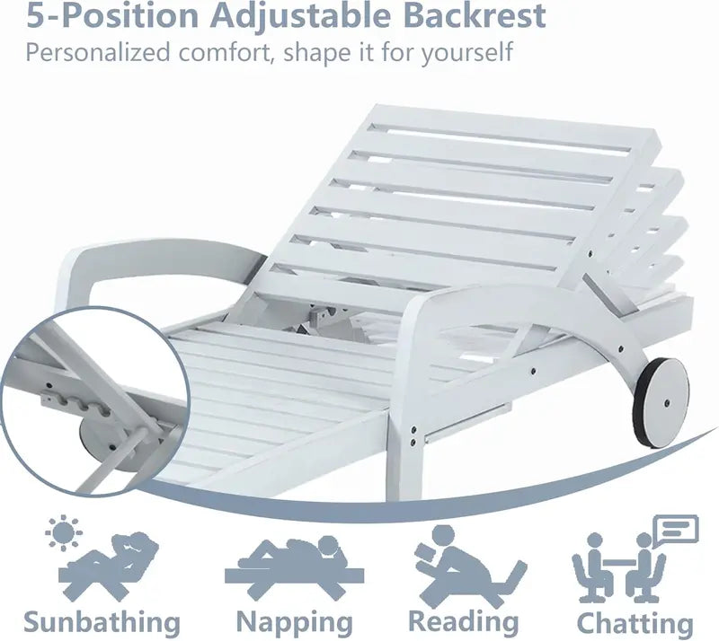 Set of 4 Wooden Poolside Chaise Lounges – 5-Position Adjustable Recliners with Pull-Out Side Tables, Patio or Deck Ready