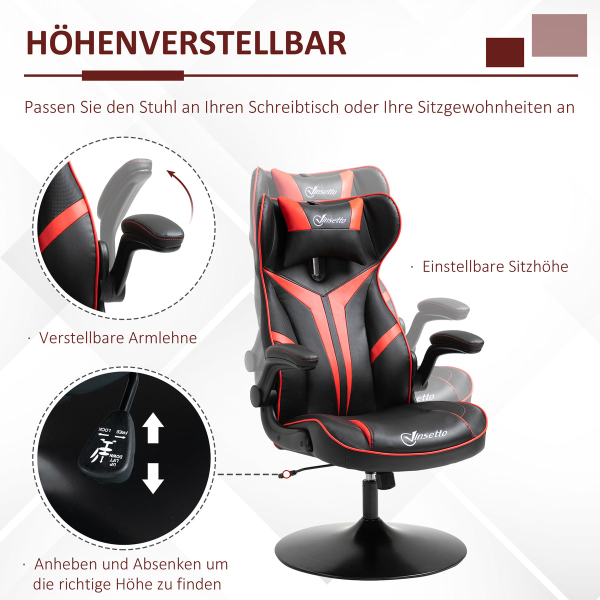 Vinsetto Gaming Stuhl ergonomischer Computerstuhl mit Wippfunktion Drehstuhl höhenverstellbar Stahl Schwarz+Rot 67 x 70 x 106-112 cm