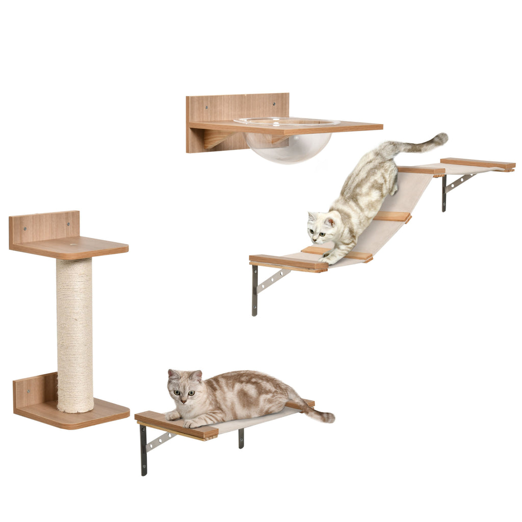 PawHut 4tlg. Kletterwand für Katzen Katzenkletterwand mit Kratzbaum Katzentreppe Katzenmöbel Hängematte Hellbraun Sisal Acryl Kiefer