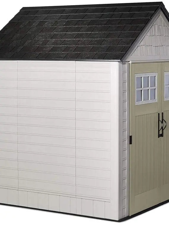 Rubbermaid 7 ft x 7 ft Outdoor Storage Shed – Weather-Resistant Resin Garden Shed with Windows and Utility Hooks (Sand)