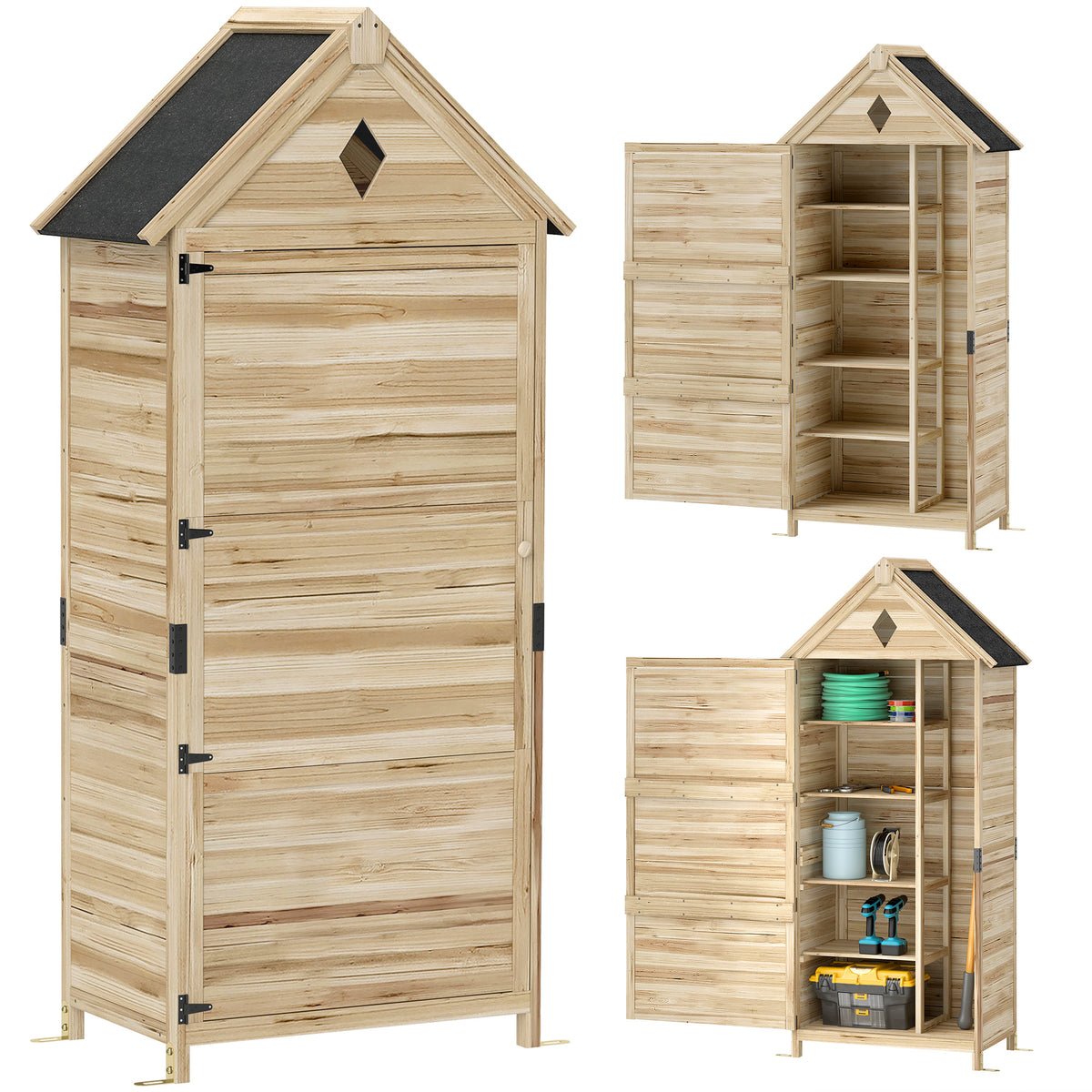 Outsunny Gartenschuppen mit 4 Regalen, Lagerschuppen aus Holz, wasserdichtes Asphalt-Dach, 80 x 49 x 170 cm, Hellbraun