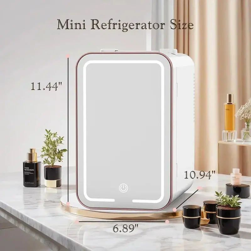 Skincare Mini Fridge – 6L Portable Beauty Cooler with Dimmable LED Mirror & 10-Can Capacity