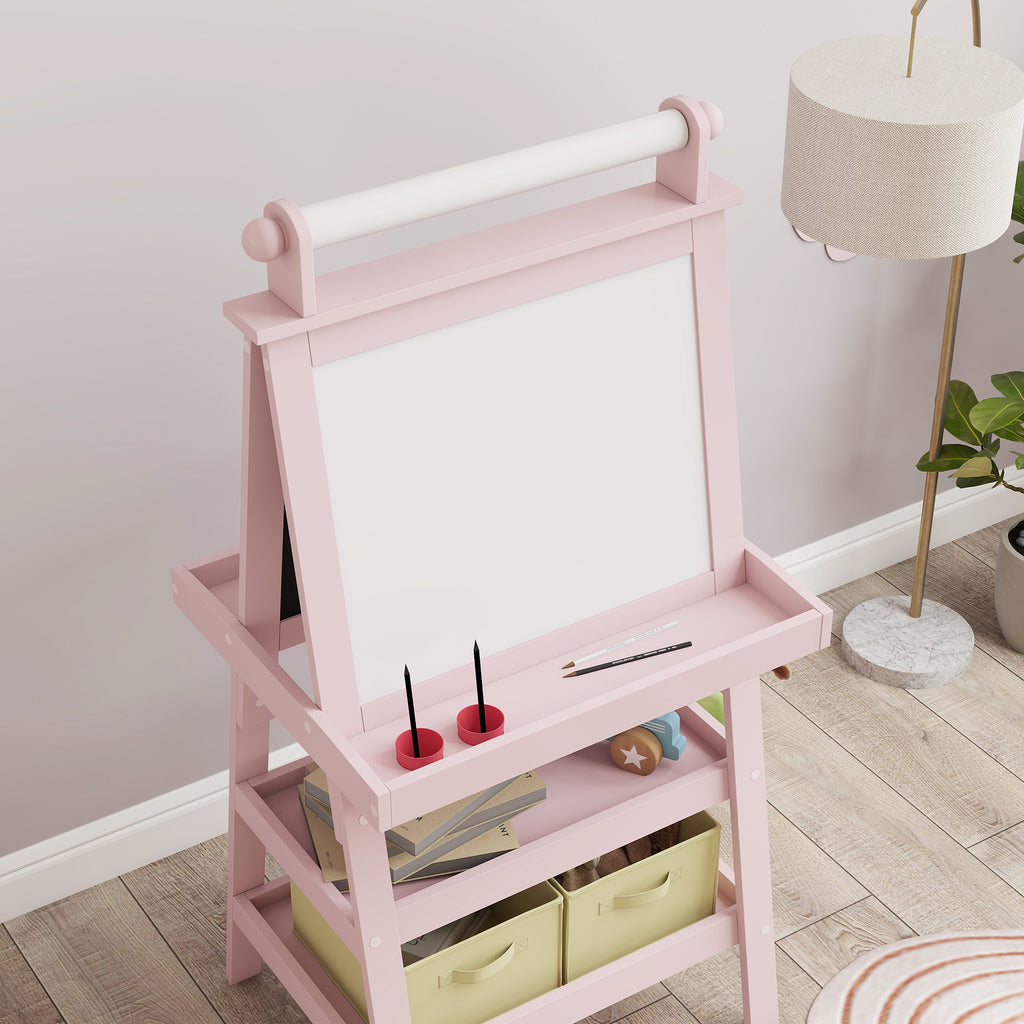 AIYAPLAY Kinder-Malständer 3-in-1 mit magnetischer weißer Tafel, Kreidetafel, Papierrolle, 2 Körben, 3-6 Jahre, Rosa