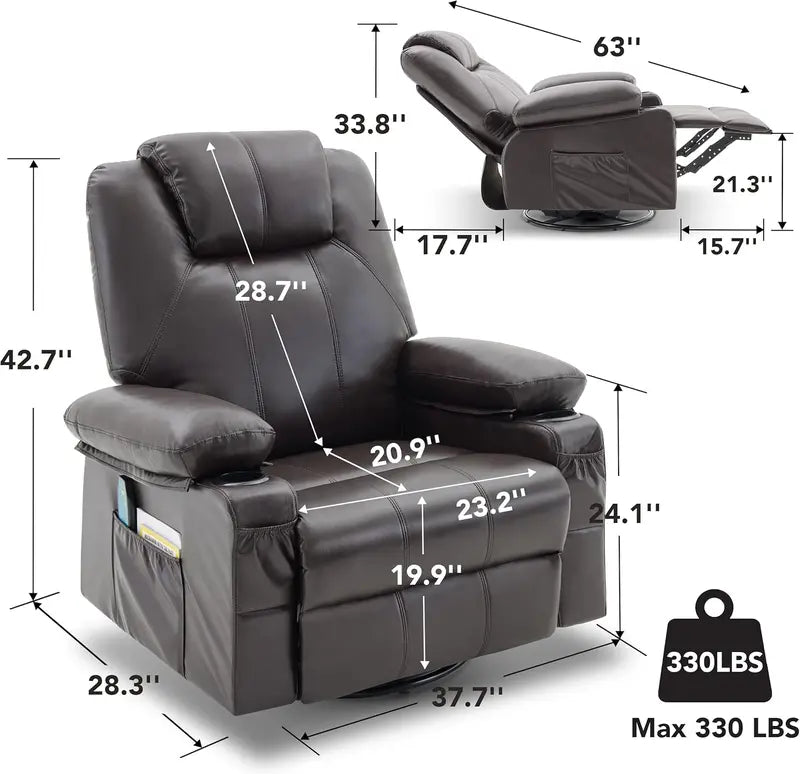 Premium Swivel Rocker Recliner with Heat & Massage – 360° Rotation, USB Port, Cup Holders, Brown Leather