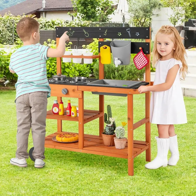 OLAKIDS Outdoor Mud Kitchen Playset – Rolling Wooden Kids' Cooking Station with Removable Sink, Accessories, and All-Terrain Wheels for Ages 3+