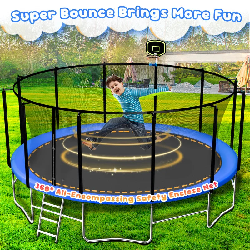 16FT Trampoline for 8 - 9 Kids Adults with Basketball Hoop, Enclosure, Light, Sprinkler, Socks, 2000 lb Outdoor Round Heavy Duty Recreational Backyard Trampoline