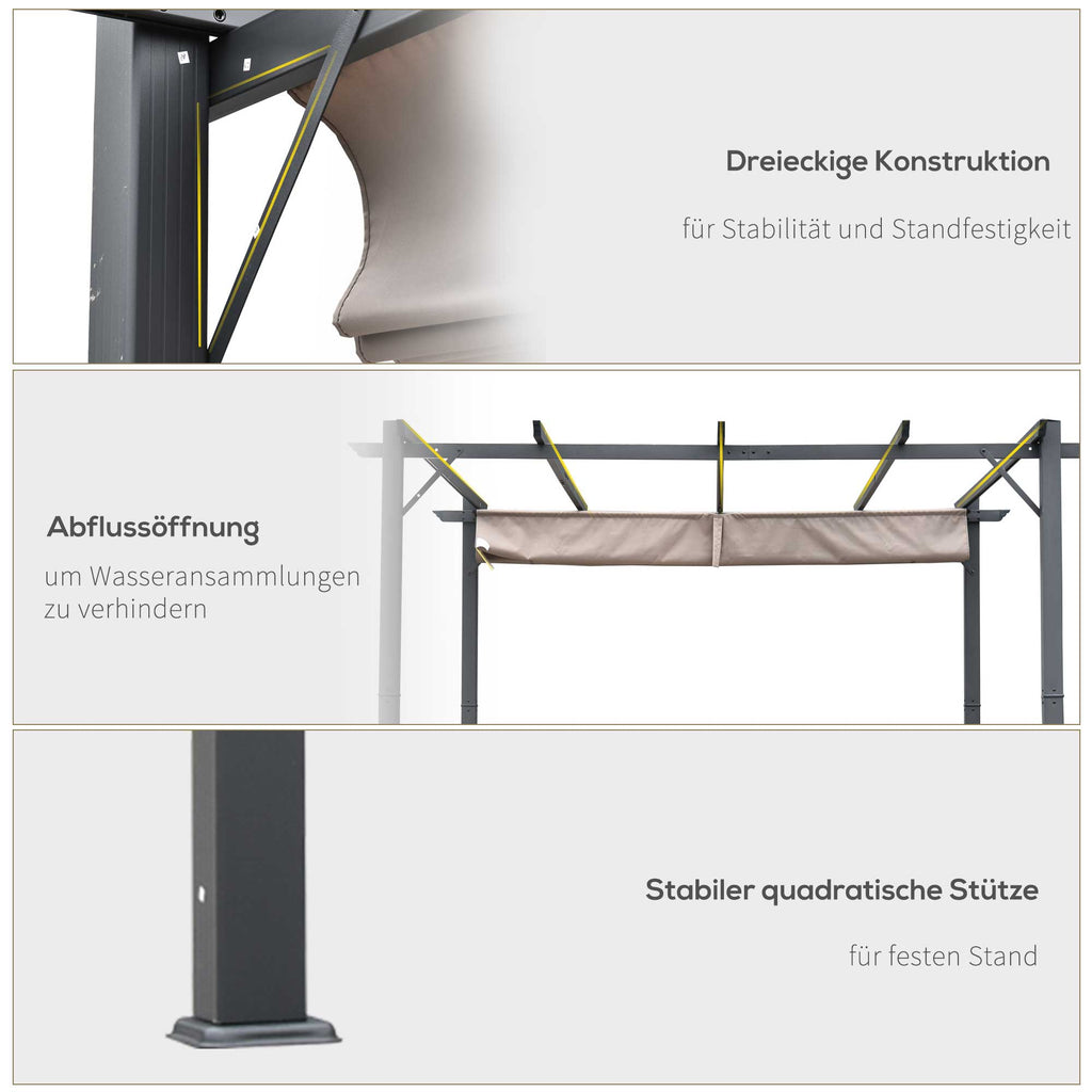 Outsunny Pergola Pavillon Terrassenüberdachung mit Schiebedach Garten Alu Kohlegrau+Kaffeebraun 3x3x2,23 m