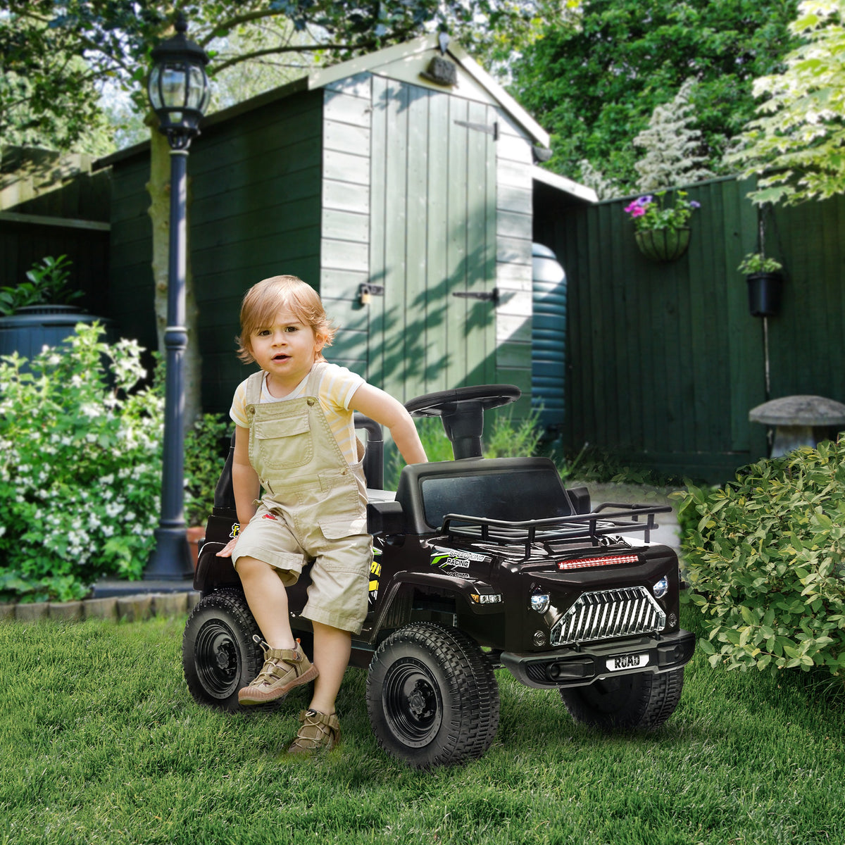 HOMCOM Elektro Kinderauto, Geländewagen, mit Stauraum, 3 km/h, Musikanschluss, Scheinwerfer, Hupe, Schwarz