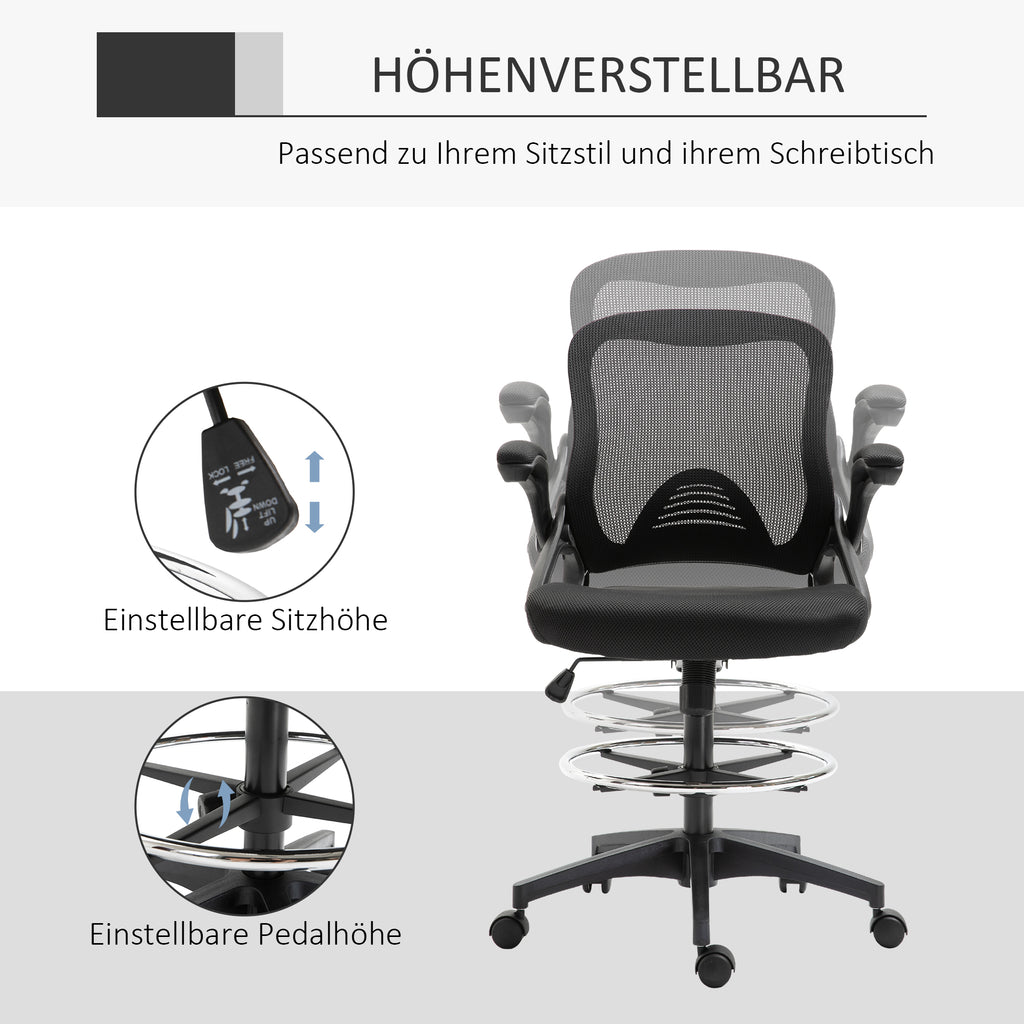Vinsetto Bürosessel, Schreibtischstuhl, Stehfunktion, mit Fußablage, drehbarer Sitz, Stahl, schwarz, 64 x 60 x 106-126cm