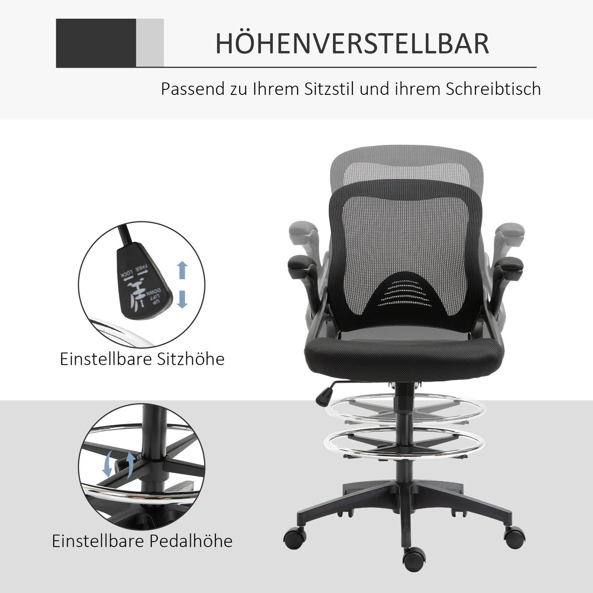 Vinsetto Bürosessel, Schreibtischstuhl, Stehfunktion, mit Fußablage, drehbarer Sitz, Stahl, schwarz, 64 x 60 x 106-126cm