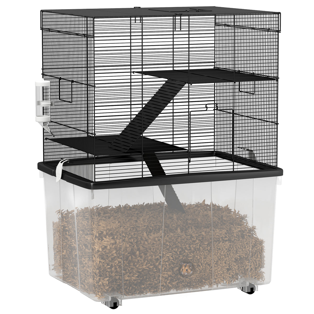 PawHut Hamsterkäfig 3 Etagen mit Rädern, 2 Plattformen, Rampen, Napf und Trinkflasche, 58x43x74 cm, Schwarz