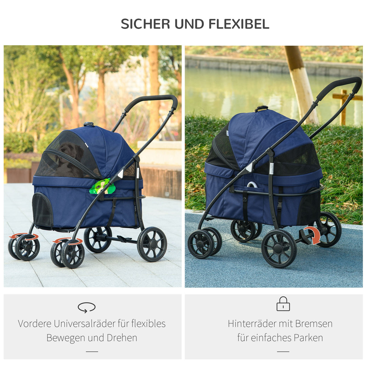 PawHut Hundewagen Hundebuggy bis 10 kg Klappbar Regenschutz, 2 Sicherheitsleinen 81x 68 x 98,5 cm Dunkelblau