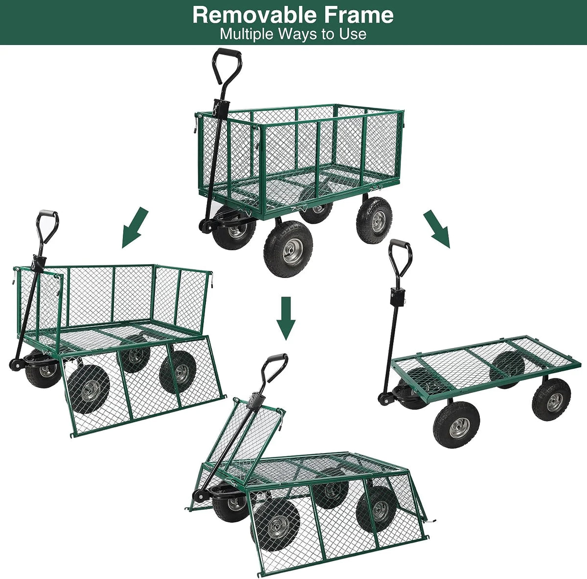 REDCAMP 900 lb Capacity Garden Cart Outdoor Utility Wagon Cart with Wheels Metal Heavy Duty Yard Wagon Flatbed W/ Pocket, Green