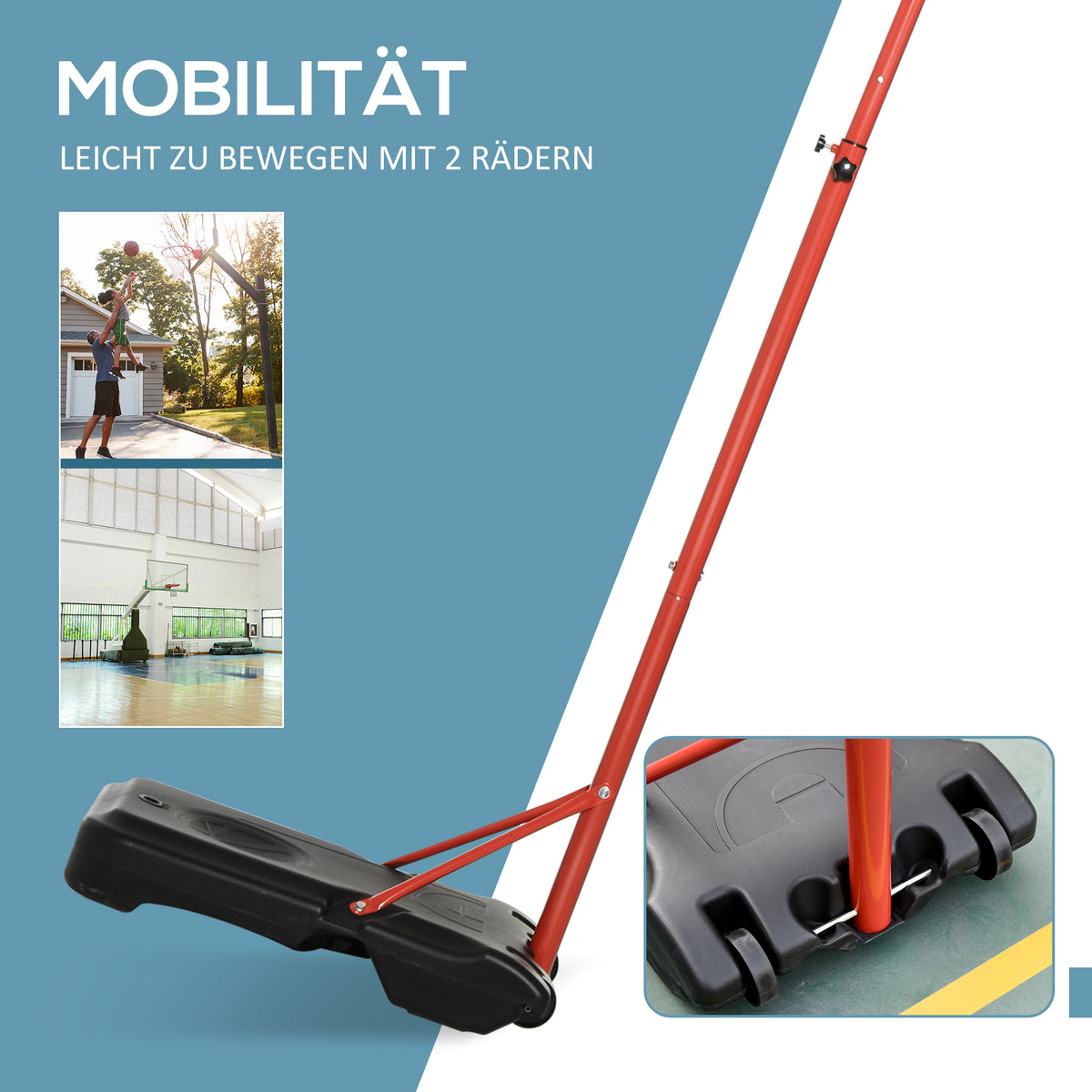 HOMCOM Höhenverstellbarer Basketballkorb, stabiler Standfuß, wetterfest, tragbar mit Rädern, Rot/Schwarz