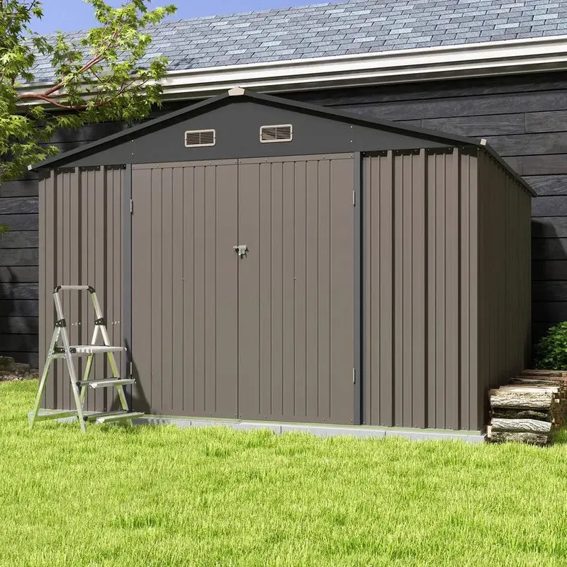 Patiowell 10′ x 10′ Heavy-Duty Metal Storage Shed – Sloped Roof Design with Dual Lockable Doors