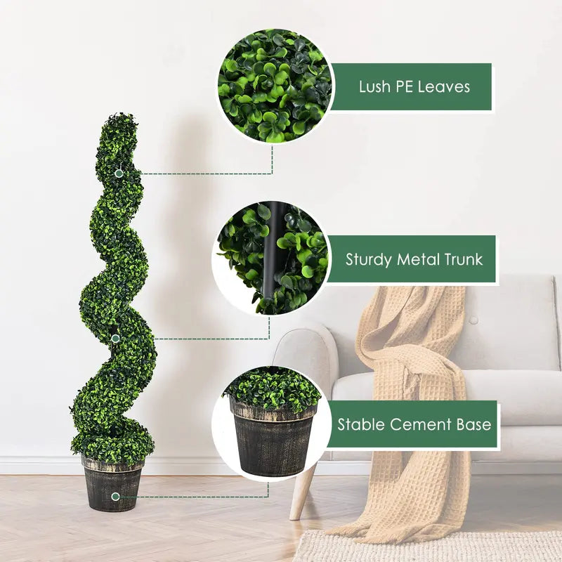 Pair of 4-Foot Spiral Boxwood Topiaries – Realistic Faux Trees in Weighted Plastic Pots