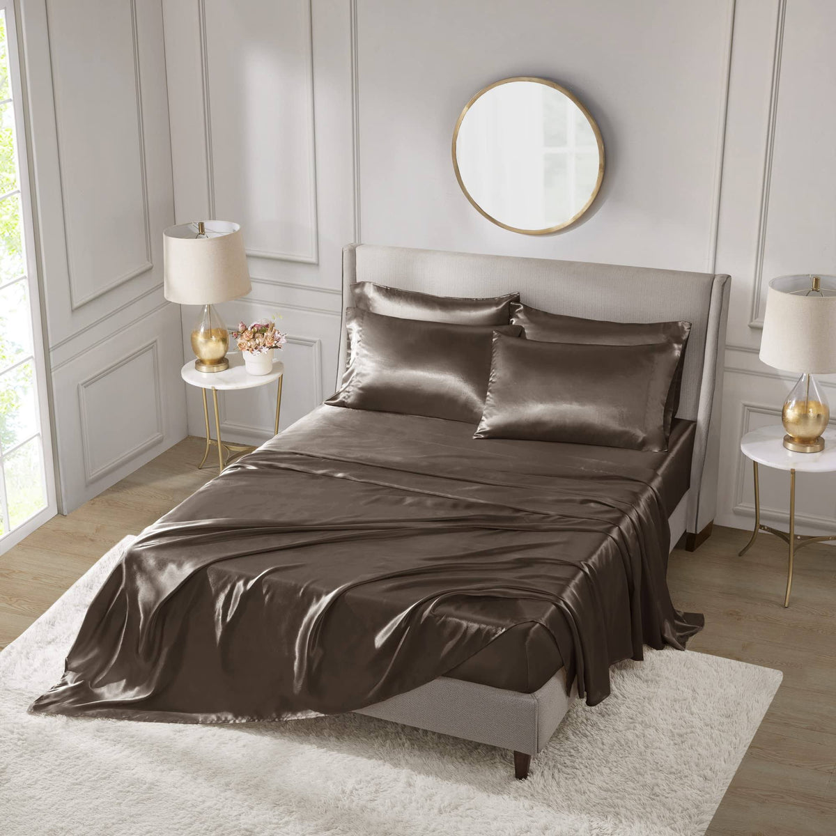 Satin Chocolate King 6 Piece Sheet Set