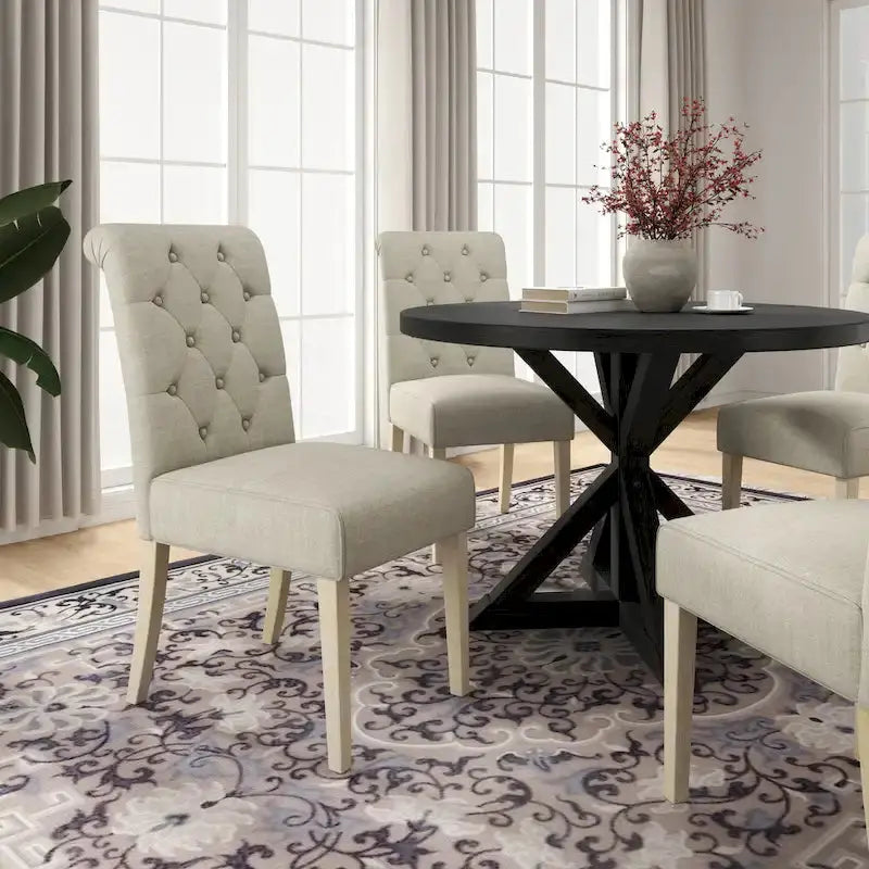 Rustic Wooden 5-Piece Dining Set – Round Cross-Buck Pedestal Table with 4 Tufted Upholstered Chairs