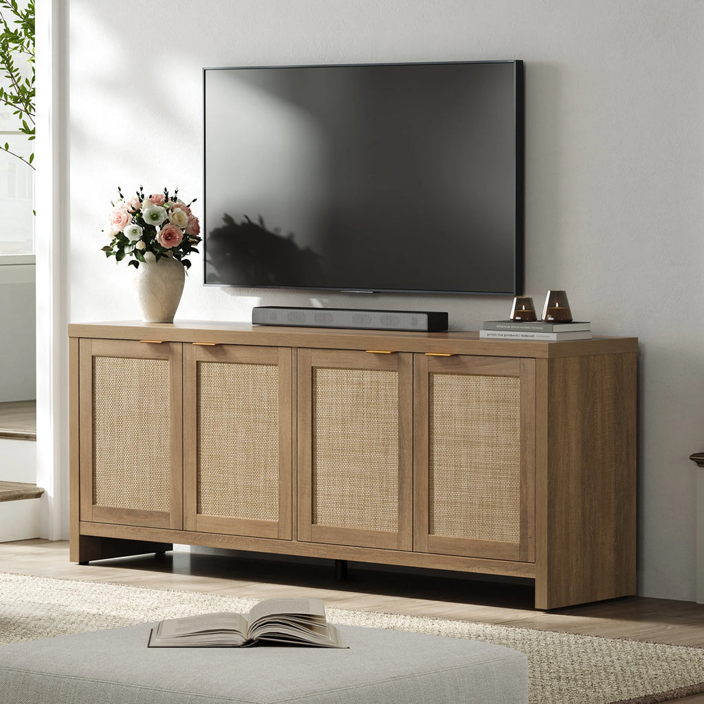 SICOTAS 61.5"w Rattan TV Stand with 4 Doors, Boho Entertainment Center with Adjustable Shelves & Spacious Countertop - Large Boho Farmhouse Media Console for Living Room, Reclaimed Caramel Oak