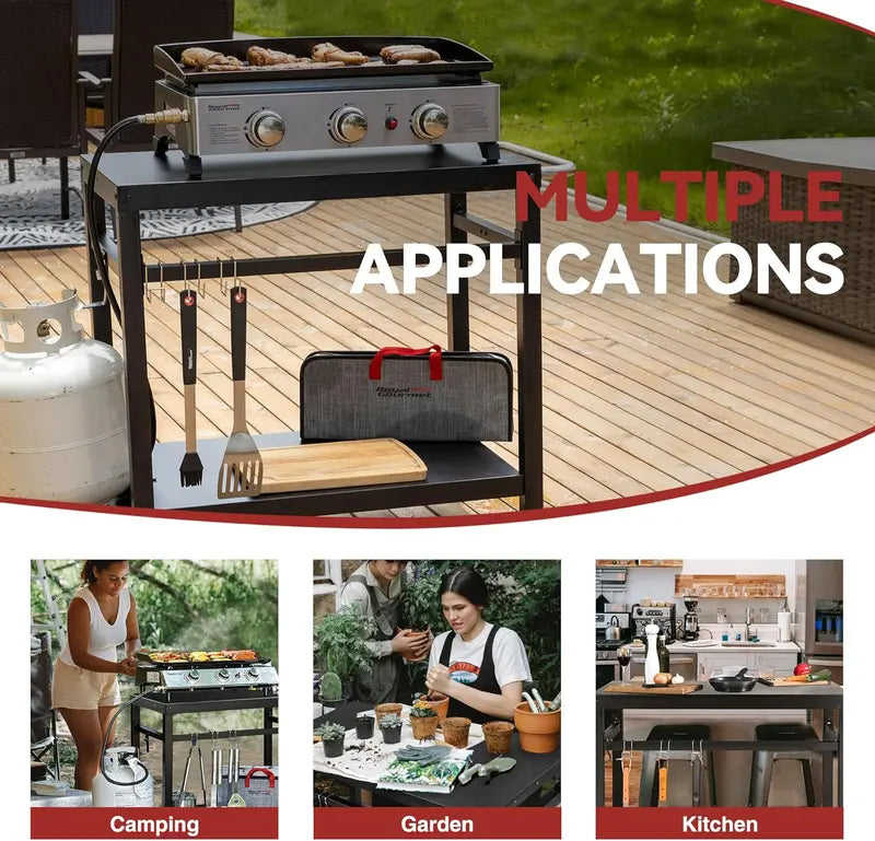 Royal Gourmet Stainless Steel Mobile Dining Cart with Double Shelves, Hooks & Side Handle – Multifunctional Grill Stand (PC3401B, Black)