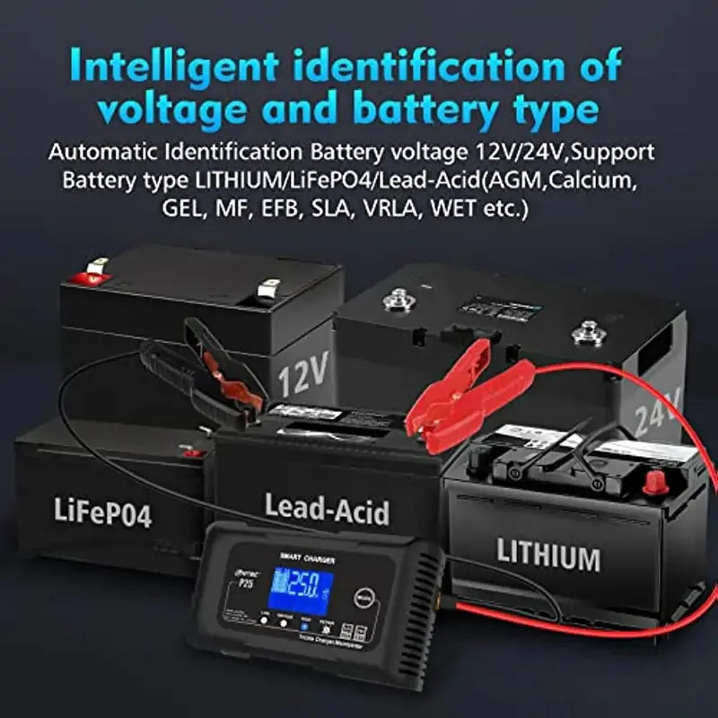 Smart 25A Dual-Voltage Battery Charger — Supports LiFePO4, Lithium, AGM, Gel, and SLA Batteries