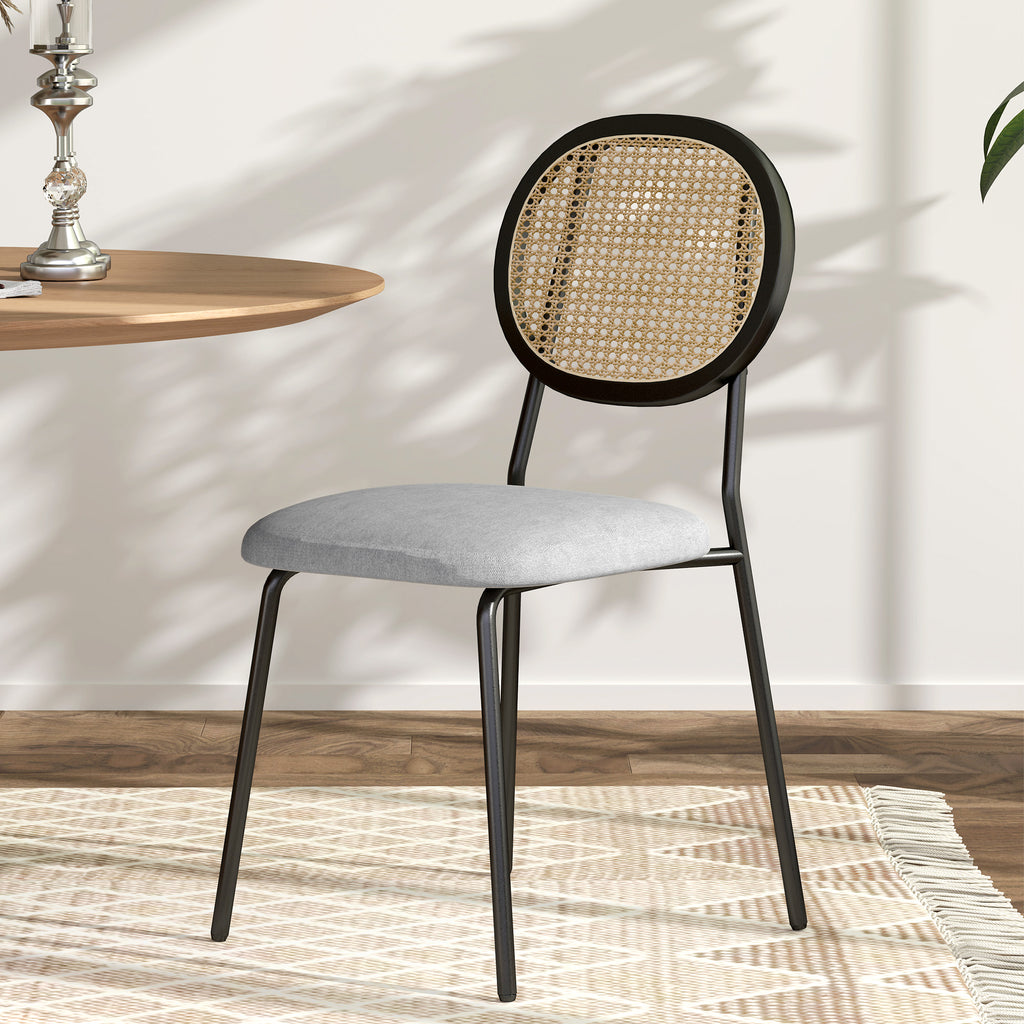 HOMCOM Set mit 2 Dining-Stühlen, Küchenstühle, Rattanrücken, atmungsaktiver Stoff, Stahlrahmen, 44 x 54 x 87 cm, Grau