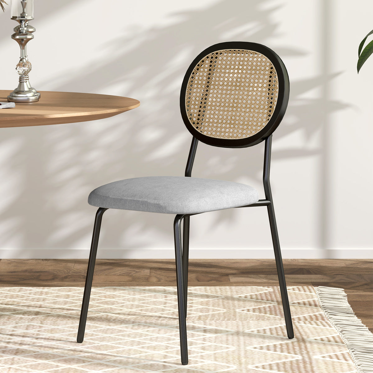 HOMCOM Set mit 2 Dining-Stühlen, Küchenstühle, Rattanrücken, atmungsaktiver Stoff, Stahlrahmen, 44 x 54 x 87 cm, Grau