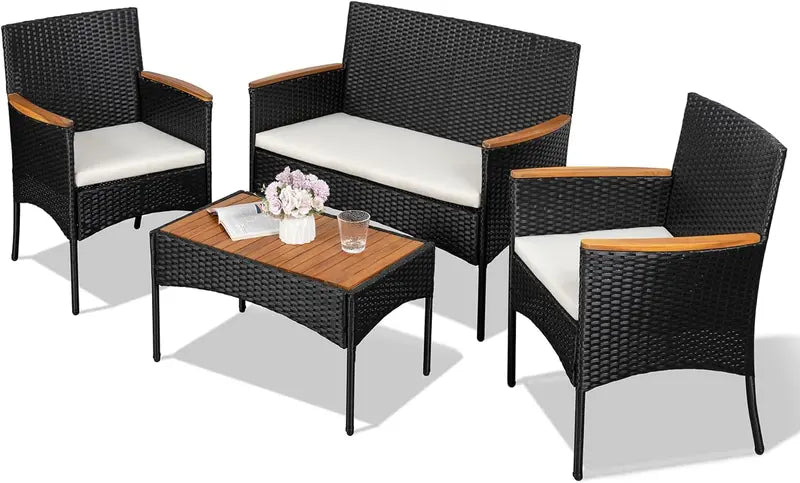 Shintenchi Wicker Patio Conversation Set — 4-Piece Outdoor Furniture Ensemble with All-Weather Cushions