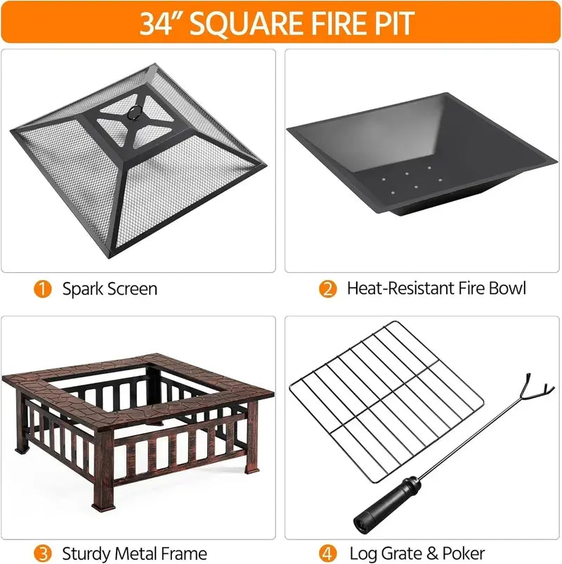 Yaheetech Square Metal Fire Pit Table – Multifunctional Outdoor Stove for Patio, Garden & Backyard