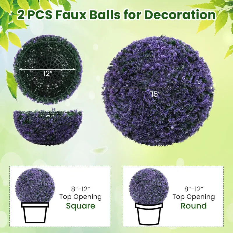 Pair of 15-Inch Artificial Lavender Topiary Balls – Lifelike Round Faux Plants for Indoor or Outdoor Display