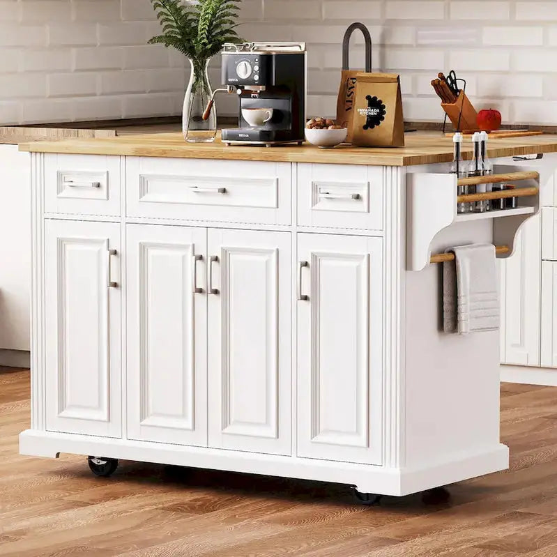 Rolling Kitchen Island Cart with Drop-Leaf Tabletop, Embossed Finish, Cabinet Doors, and Drawer Storage – White