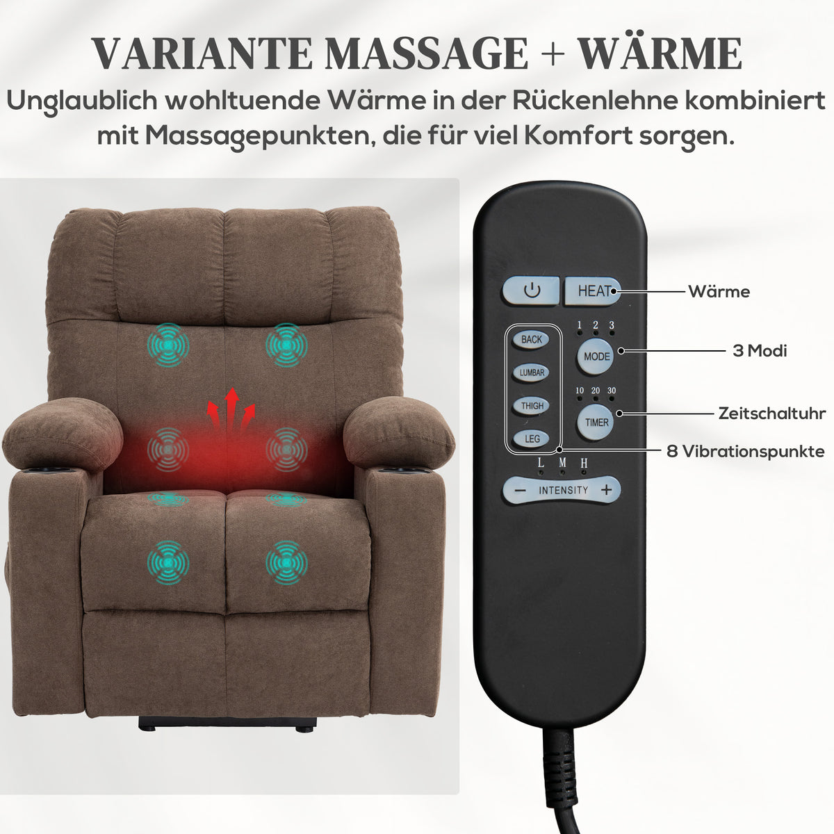 HOMCOM Relaxsessel mit Aufstehhilfe, elektrisch, 90x75x100cm, Braun