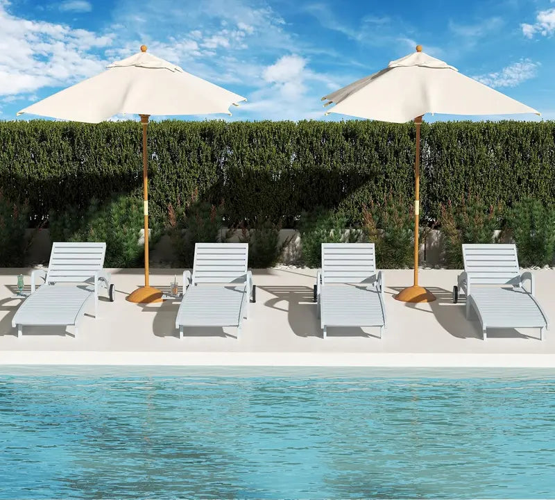 Set of 4 Wooden Poolside Chaise Lounges – 5-Position Adjustable Recliners with Pull-Out Side Tables, Patio or Deck Ready