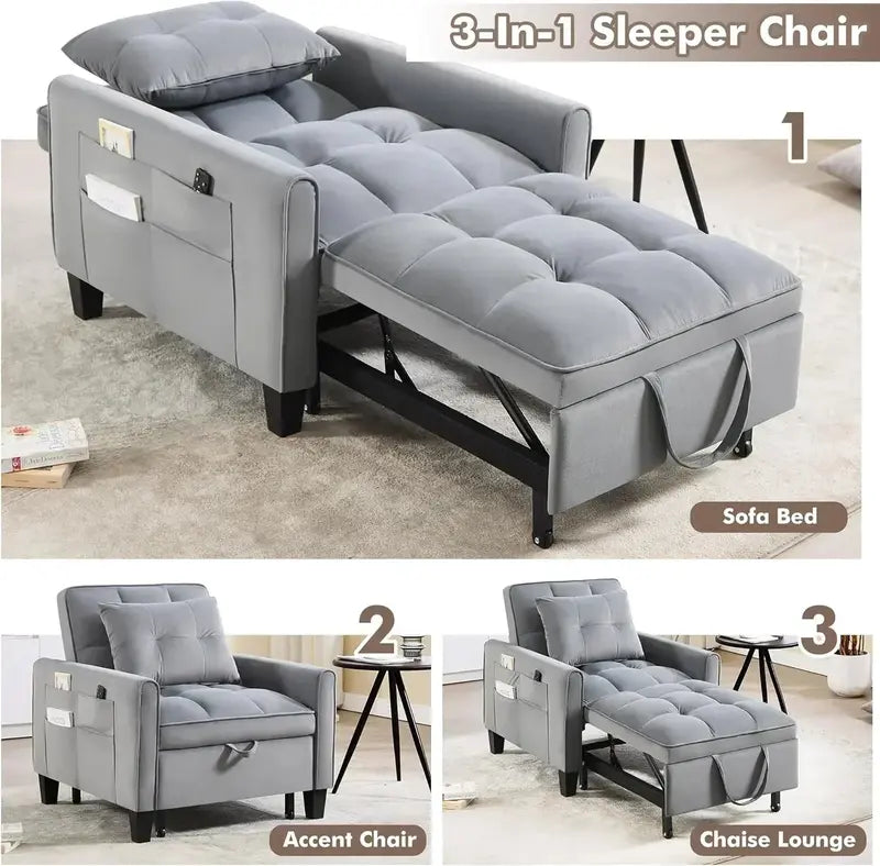 Velvet 3-in-1 Sleeper Chair – Compact Pull-Out Sofa Bed with Luxe Upholstery