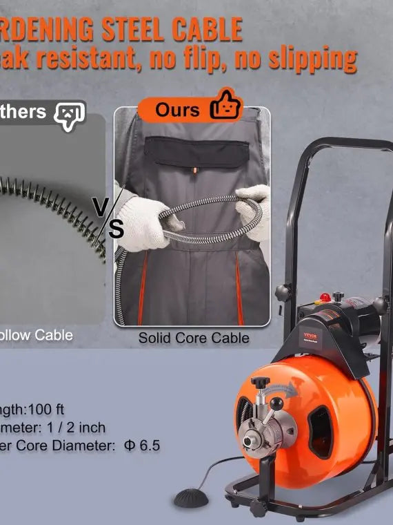 Vevor Drain Cleaner Machine 100FT x 1/2 Inch, Auto Feed Sewer Snake with 4 Cutters & Foot Switch, Orange/Black