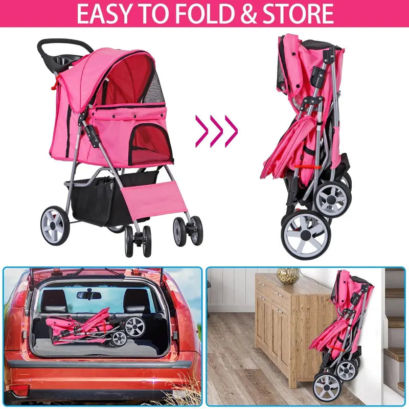ZENY 4 Wheel Foldable Dog Pet Stroller – Pink