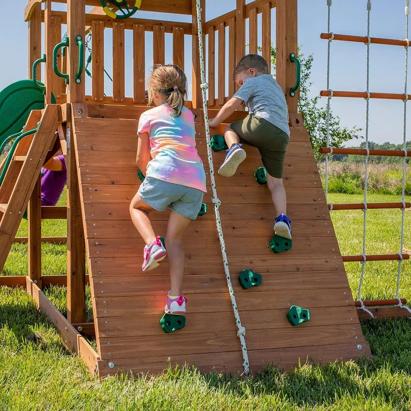 Wooden Mountain-Themed Swing Set – Includes Canopy Shade, Wave Slide, Rope & Net Swings, Rock Wall, Ladders & Steering Wheel