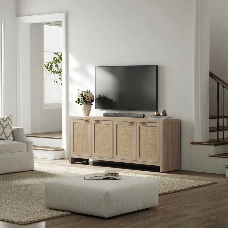 SICOTAS 61.5"w Rattan TV Stand with 4 Doors, Boho Entertainment Center with Adjustable Shelves & Spacious Countertop - Large Boho Farmhouse Media Console for Living Room, Reclaimed Caramel Oak