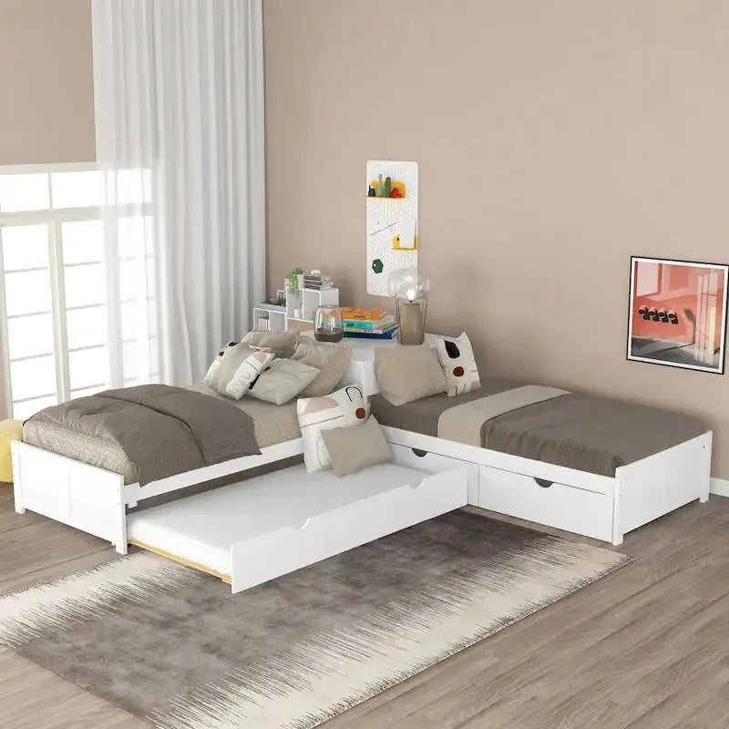 Modern Twin L-Shaped Platform Bed – Includes Trundle, Drawers & Space-Saving Design